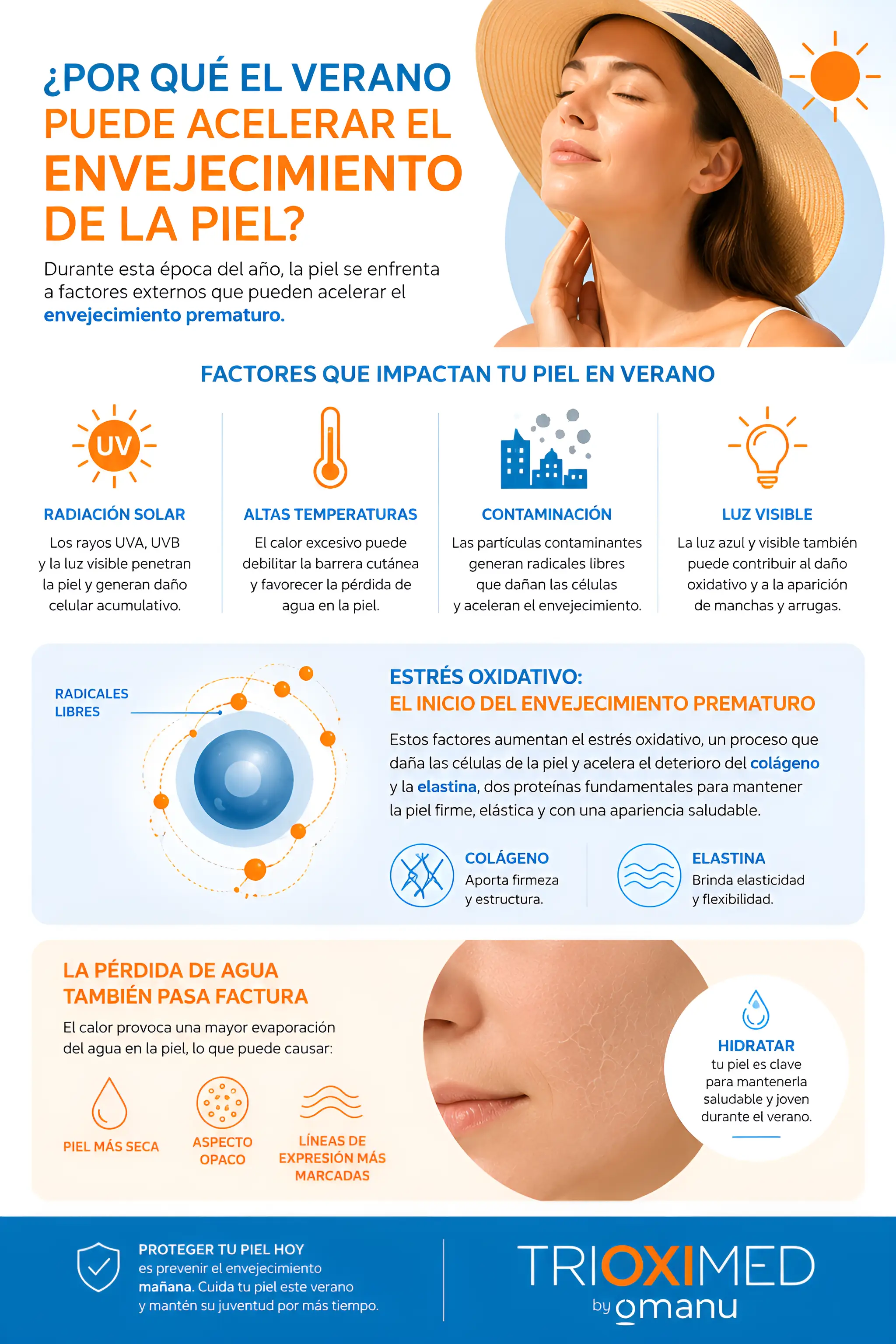 Infografía sobre por qué el verano acelera el envejecimiento de la piel debido a la radiación UV, el estrés oxidativo y la deshidratación.